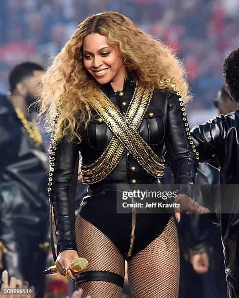 Beyonce performs onstage during the Pepsi Super Bowl 50 Halftime Show at Levi's Stadium on February 7, 2016 in Santa Clara, California.