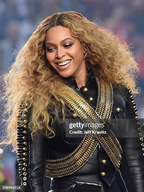 Beyonce performs onstage during the Pepsi Super Bowl 50 Halftime Show at Levi's Stadium on February 7, 2016 in Santa Clara, California.