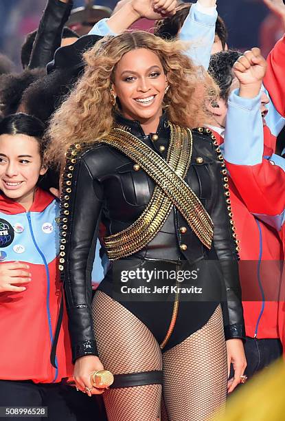 Beyonce performs onstage during the Pepsi Super Bowl 50 Halftime Show at Levi's Stadium on February 7, 2016 in Santa Clara, California.