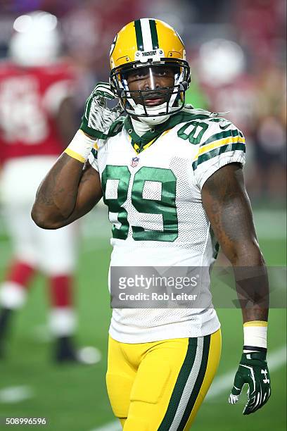 James Jones of the Green Bay Packers looks on during the game against the Arizona Cardinals at University of Phoenix Stadium on January 16, 2016 in...