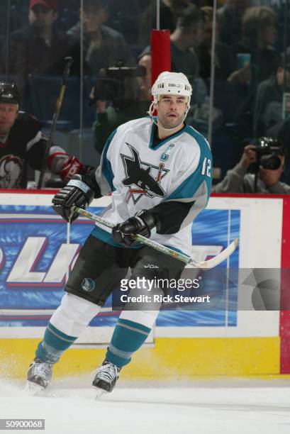 Center Patrick Marleau of the San Jose Sharks skates against the Buffalo Sabres during the game on February10, 2004 at HSBC Arena in Buffalo, New...