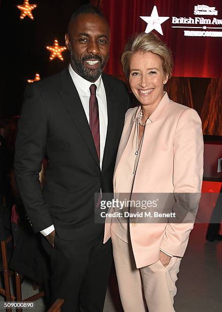 Idris Elba and Emma Thompson attend a champagne reception at the London Evening Standard British Film Awards at Television Centre on February 7, 2016...