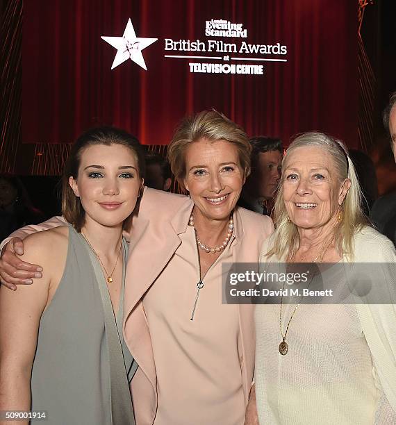 Gaia Romilly Wise, Emma Thompson and Vanessa Redgrave attend a champagne reception at the London Evening Standard British Film Awards at Television...