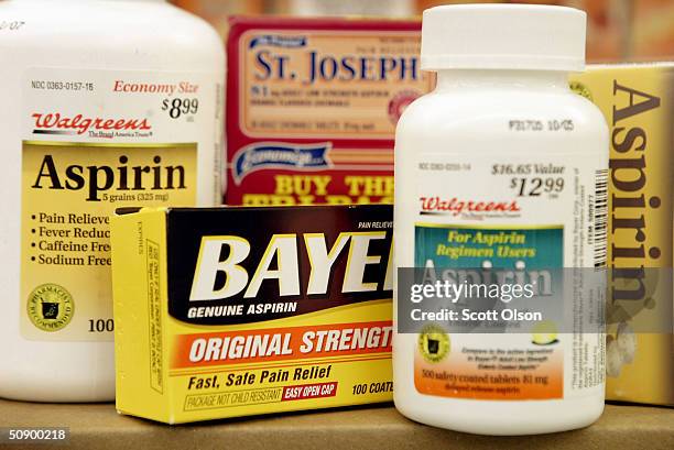 Aspirin products sit on the shelf at a Walgreens drug store May 26, 2004 in Chicago, Illinois. A recent study has linked frequent use of aspirin with...