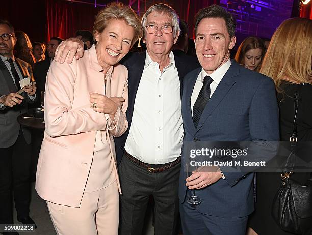 Emma Thompson, Sir Tom Courtenay and Rob Brydon attend a champagne reception at the London Evening Standard British Film Awards at Television Centre...