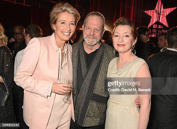 Emma Thompson, Terry Gilliam and Lesley Manville attend a champagne reception at the London Evening Standard British Film Awards at Television Centre...