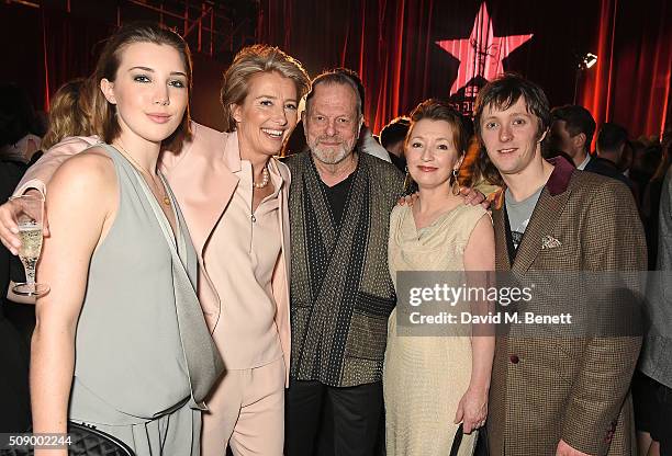 Gaia Romilly Wise, Emma Thompson, Terry Gilliam, Lesley Manville and Alfie Oldman attend a champagne reception at the London Evening Standard British...