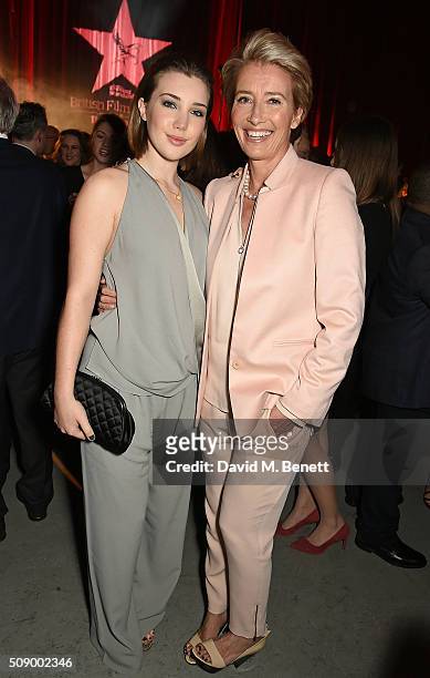 Gaia Romilly Wise and Emma Thompson attend a champagne reception at the London Evening Standard British Film Awards at Television Centre on February...
