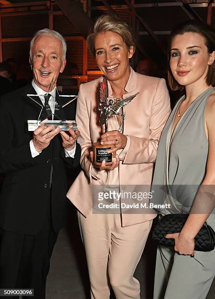 Anthony Daniels, Emma Thompson and Gaia Romilly Wise attend the London Evening Standard British Film Awards after party at Television Centre on...