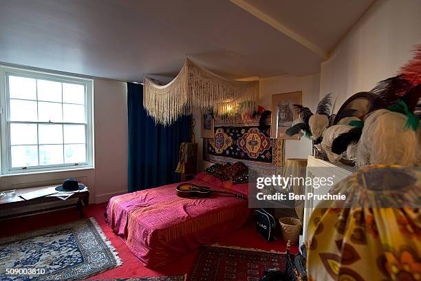 Recreation of Jimi Hendrix's bedroom is displayed at the Handel and Hendrix exhibition on February 8, 2016 in London, England. The permanent...