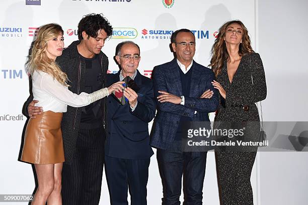Virginia Raffaele, Gabriel Garko, Giancarlo Leone, Carlo Conti and Madalina Ghenea attend a photocall for 66. Sanremo Festival on February 8, 2016 in...