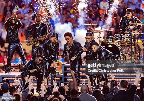 Bruno Mars performs onstage during the Pepsi Super Bowl 50 Halftime Show at Levi's Stadium on February 7, 2016 in Santa Clara, California.