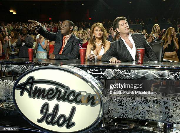 Judges Randy Jackson, Paula Abdul and Simon Cowell sit in front of stage at the American Idol Season Three Grand Finale at the Kodak Theatre May 26,...