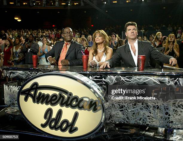 Judges Randy Jackson, Paula Abdul and Simon Cowell sit in front of stage at the American Idol Season Three Grand Finale at the Kodak Theatre May 26,...