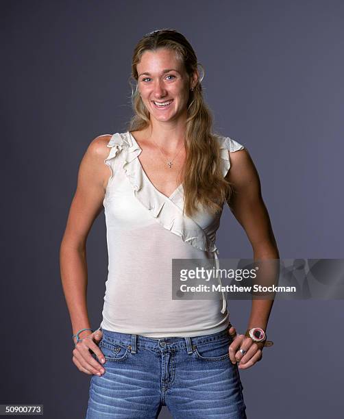 Beach volleyball player Kerri Walsh poses for a portrait during the U. S. Olympic Team Media Summit on May 16, 2004 at the Marriott Marquis in New...