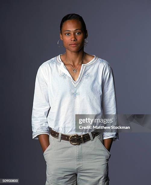 Sprinter/Long Jumper Marion Jones poses for a portrait during the U. S. Olympic Team Media Summit on May 16, 2004 at the Marriott Marquis in New...