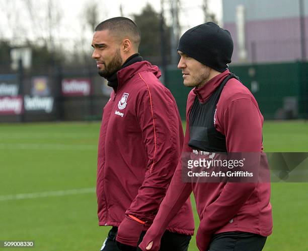 Winston Reid and Joey O'Brien of West Ham United during a training session at Chadwell Heath on February 8, 2016 in London, England.