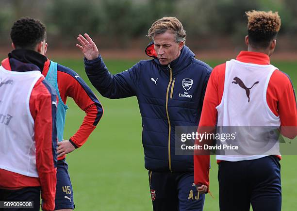 Andries Jonker the Arsenal Academy Director coaches the U19 team during their training session at London Colney on February 8, 2016 in St Albans,...