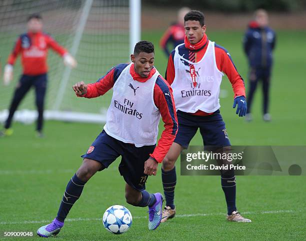 Jeff Reine-Adelaide and Marcus McGuane of Arsenal the U19 team during their training session at London Colney on February 8, 2016 in St Albans,...