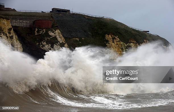 Waves hit the shore on February 8, 2016 in Newhaven, East Sussex. Storm Imogen is the ninth named storm to hit the UK this season. This year's storms...