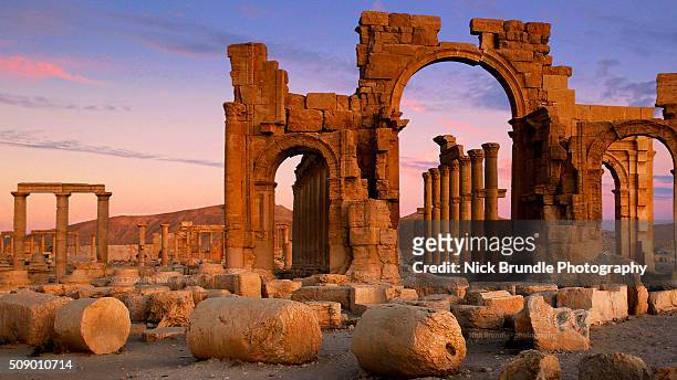 monumental arch, palmyra, syria. - palmyra syria stock pictures, royalty-free photos & images