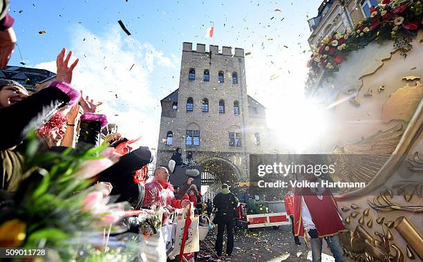 Carnival revellers celebrate during the annual Rose Monday parade on February 8, 2016 in Cologne, Germany. The centuries-old tradition of German...