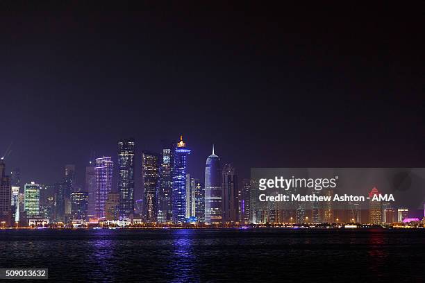 The dusk skyline along the Doha Corniche, a waterfront promenade at Doha Bay in the capital city of Doha. The county of Qatar will play host to the...
