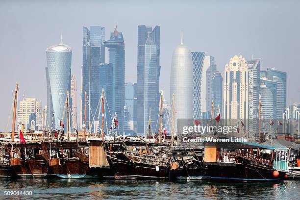 The West Bay skyline of Doha, Qatar's capital city, as seen from the Corniche ahead of the 2022 FIFA World Cup Qatar on December 29, 2015 in Doha,...