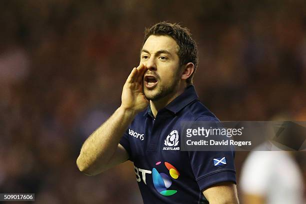Greig Laidlaw of Scotland in action during the RBS Six Nations match between Scotland and England at Murrayfield Stadium on February 6, 2016 in...