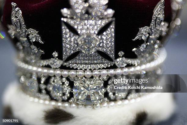Replica of the Imperial Crown, made for and used by Queen Elizabeth of Great Britain, is pictured on display at the HQ of the Royal Asscher Diamond...