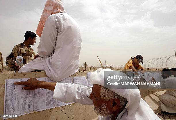 Iraqis checks lists of prisoner ID names and numbers attached to cement bocks used as road barriers, outside the Abu Ghraib prison, west of Baghdad...