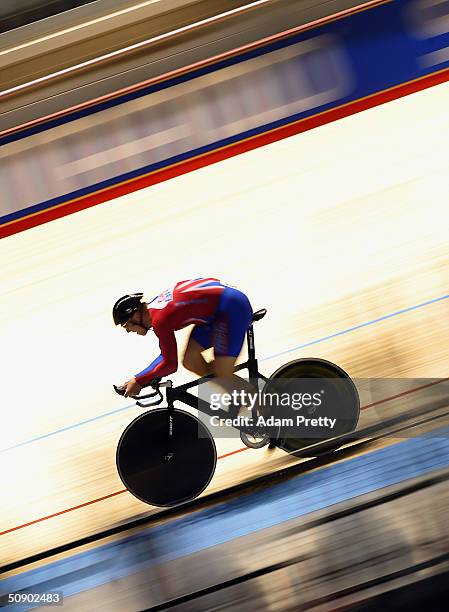 Chris Hoy of Great Britain on his way to victory in the mens 1km time trial during day two of the UCI Track Cycling World Championships at the...