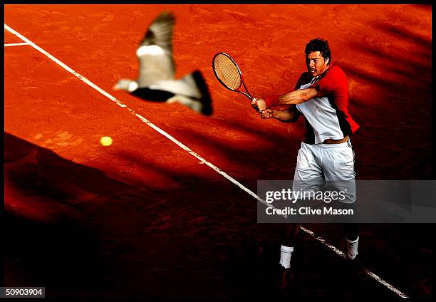 Marat Safin of Russia returns in his second round match against Felix Mantilla of Spain during Day Four of the 2004 French Open Tennis Championship...