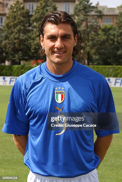 Christian Vieri of the Italian footlball team poses for photographer on May 27, 2004 at Coverciano sports ground in Florence, Italy. The Italian team...