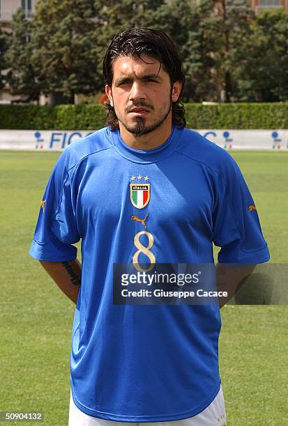 Gennaro Gattuso of the Italian footlball team poses for a photographer on May 27, 2004 at Coverciano sports ground in Florence, Italy. The Italian...