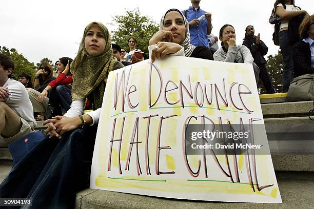 Zeena Sabri and Rima Karuf join members of the Society of Arab Students at the University of California Irvine to protest the destruction of a...