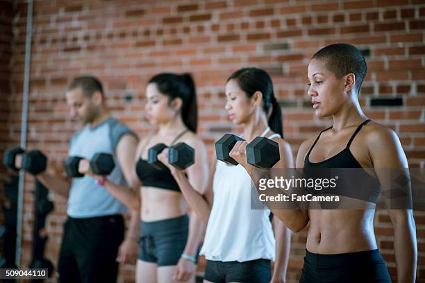 lifting dumbbells together - bent stock pictures, royalty-free photos & images