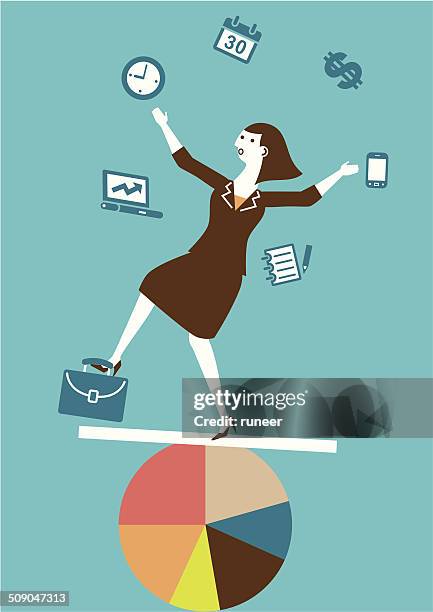 multitasking (juggling) businesswoman | yellow business concept - woman juggling stock illustrations