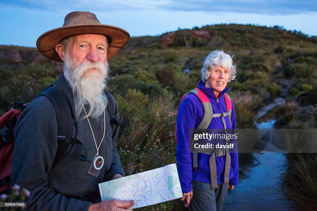 Senior Couple Bushwalking at Dawn in the Blue Mountains Australia