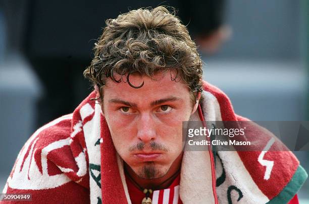 Marat Safin of Russia feels the pressure in his second round match against Felix Mantilla of Spain during Day Four of the 2004 French Open Tennis...