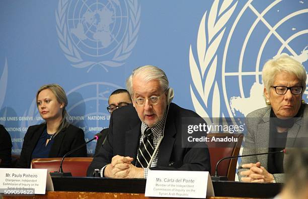 Chairperson of the Commission of Inquiry on Syria Paulo Pinheiro informs the media during a press conference on the report "Out of Sight, Out of...