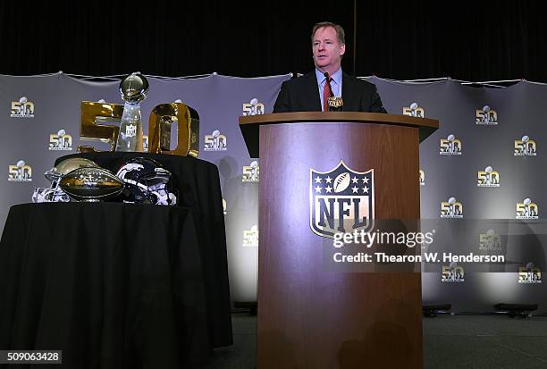 Commissioner Roger Goodell addresses the media during the Super Bowl 50 MVP trophy presentation at the Moscone Center West on February 8, 2016 in San...