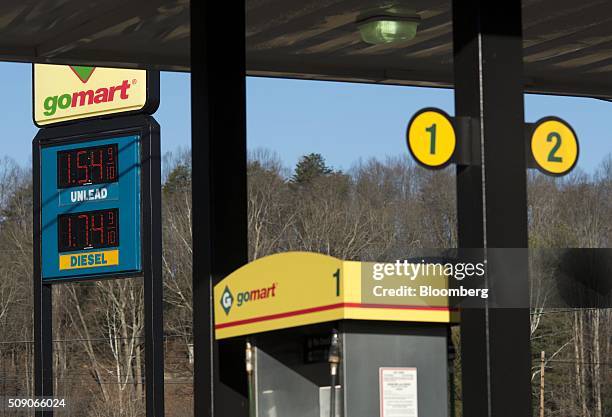 Fuel prices are displayed on a sign outside a Go Mart Inc. Gas station in Rockbridge, Ohio, U.S., on Saturday, Feb. 6, 2016. Thanks to a glut of oil...
