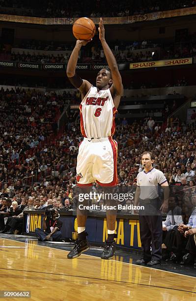 Eddie Jones of the Miami Heat shoots in Game six of the Eastern Conference Semifinals against the Indiana Pacers during the 2004 NBA Playoffs at...