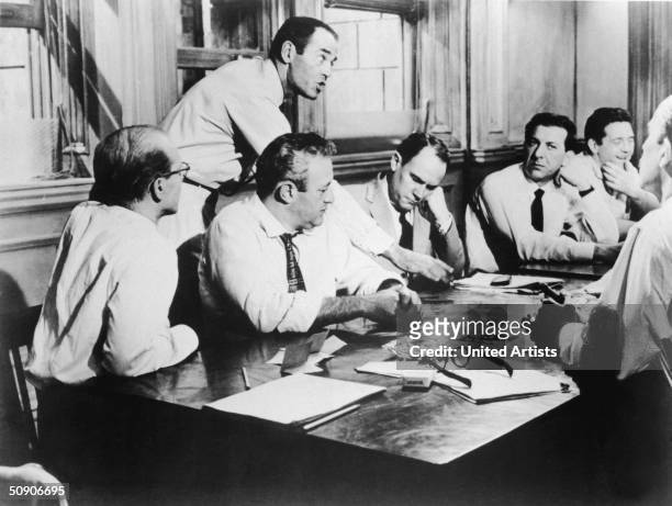 American actor Henry Fonda gestures while speaking to his fellow jurors, : actors John Fiedler, Lee J. Cobb, E.G. Marshall, Jack Klugman, Ed Binns...