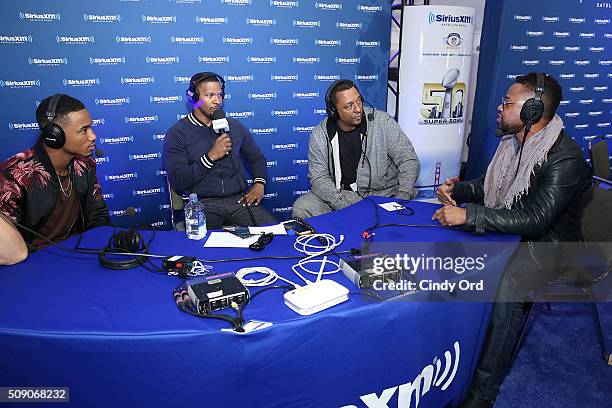 Jamie Foxx visits the SiriusXM set at Super Bowl 50 Radio Row at the Moscone Center on February 5, 2016 in San Francisco, California.