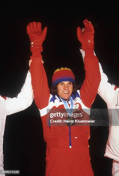 Winter Olympics: USA Eric Heiden victorious on medal stand wearing gold medal after winning Men's 5000M race at Sheffield Oval. Cover. Lake Placid,...