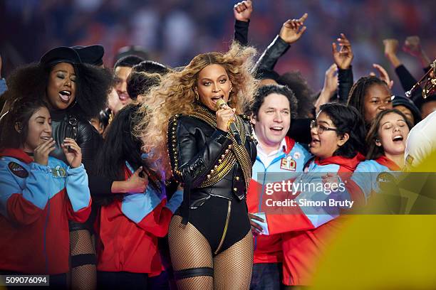 Super Bowl 50: Celebrity singer Beyonce performing during halftime show of Denver Broncos vs Carolina Panthers game at Levi's Stadium. Santa Clara,...