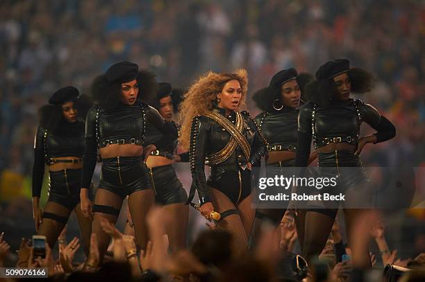 Super Bowl 50: Celebrity singer Beyonce performing during halftime show of Denver Broncos vs Carolina Panthers game at Levi's Stadium. Santa Clara,...