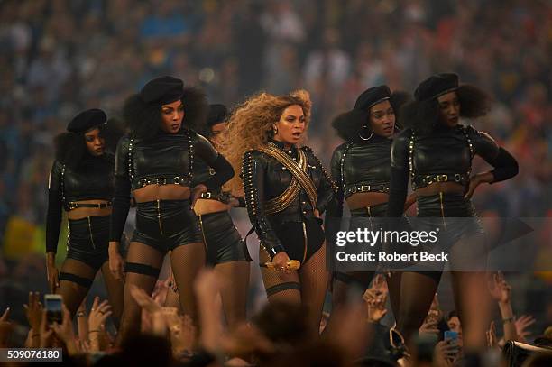 Super Bowl 50: Celebrity singer Beyonce performing during halftime show of Denver Broncos vs Carolina Panthers game at Levi's Stadium. Santa Clara,...